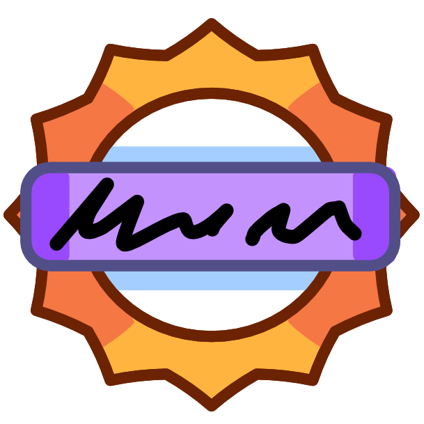 a gold starburst shape representing a badge with orange accents has a purple rectangle running horizontally across the center. The center of the starburst is filled with white, and there is a blue shadow where the rectangle sits above it. Inside the rectangle there is a black scribble representing text.  The image has dark line art. 
